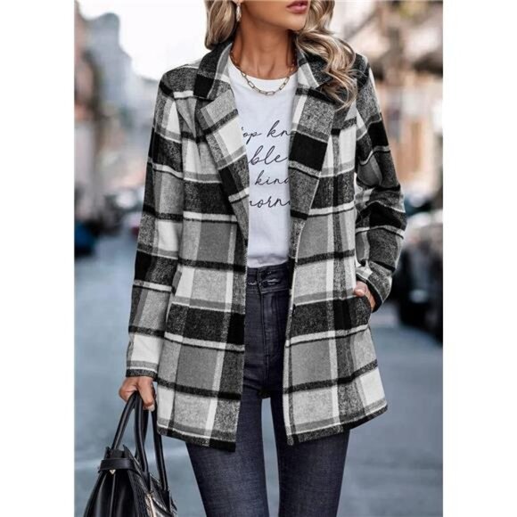 2024 Plaid Shacket Jacket Casual Button Wool Blend Winter Tartan Trench Coat - Picture 5 of 7